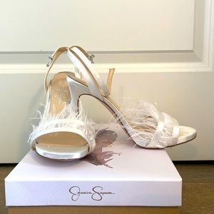 Jessica Simpson- feathered white stilettos